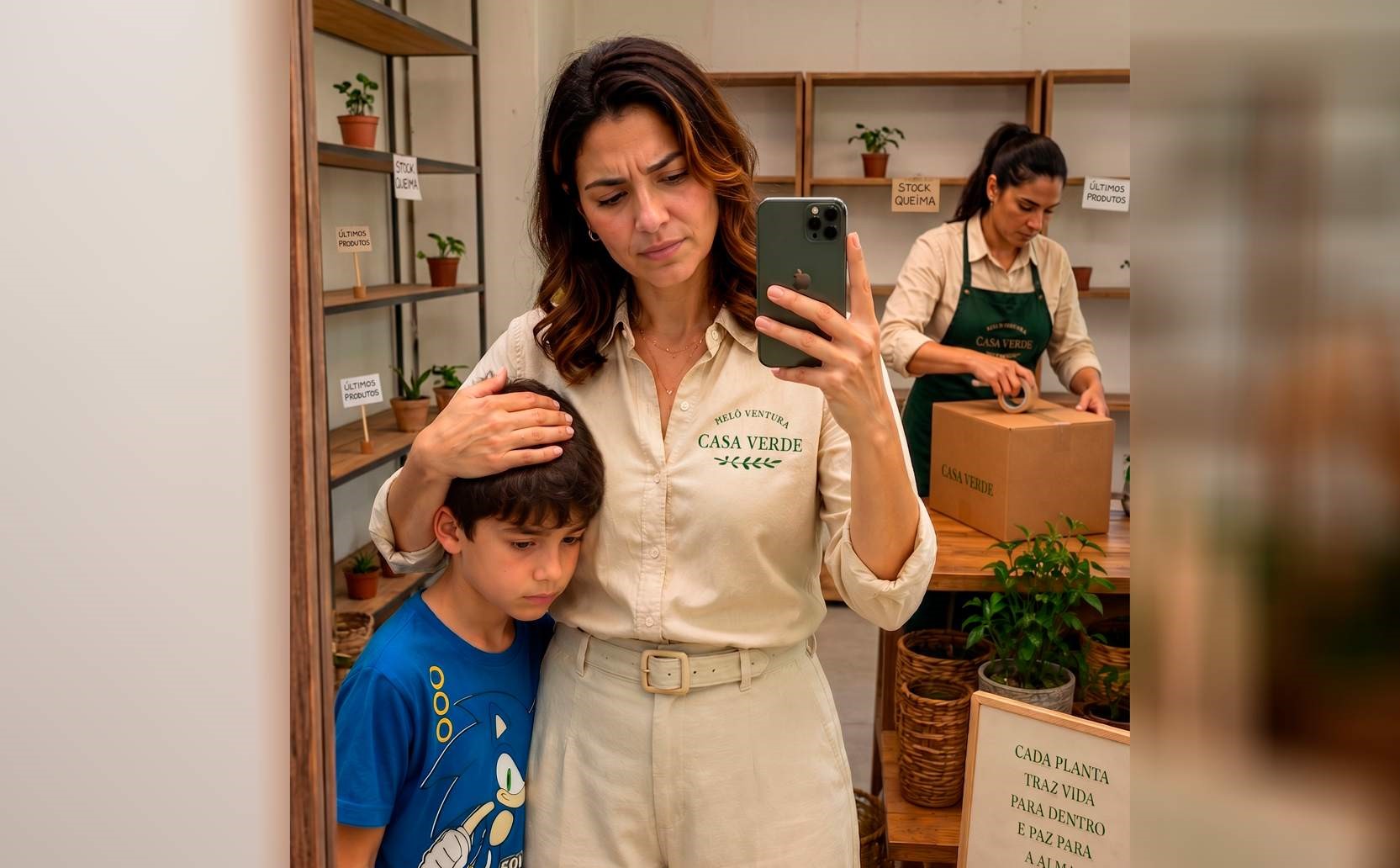 Helô Ventura com o filho na loja Casa Verde durante o encerramento